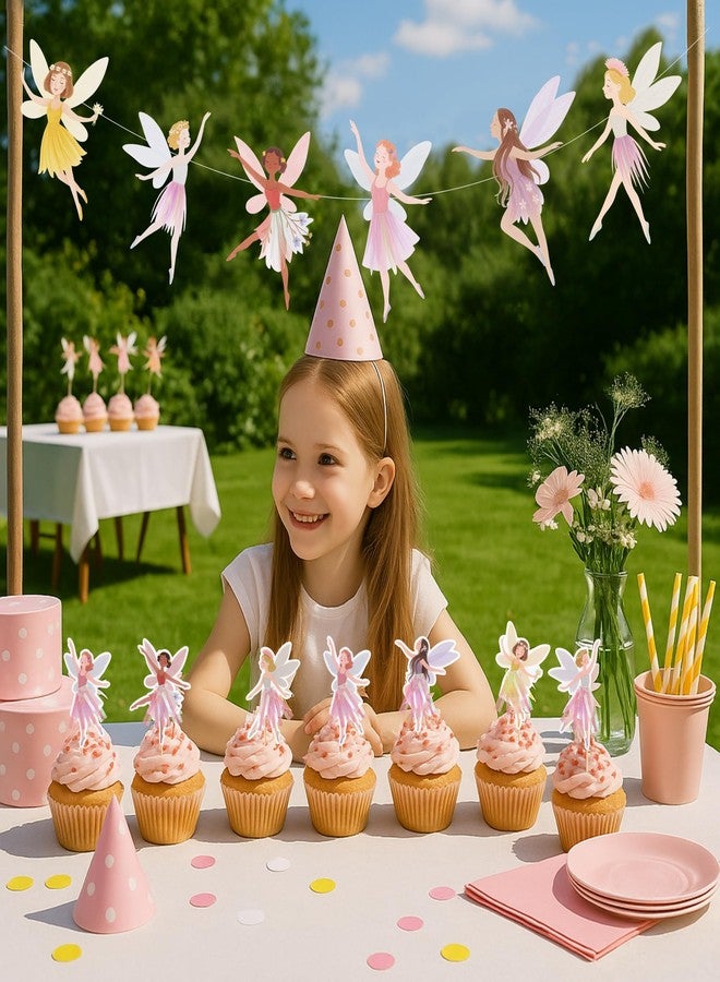 Ouksma Fairy Birthday Party Decorations for Girls - Fairy Cupcake Toppers with Banner or Backdrop, Fairy Tale Theme Baby Shower & Party Supplies (Cupcake Topper + Banner) - Image 3
